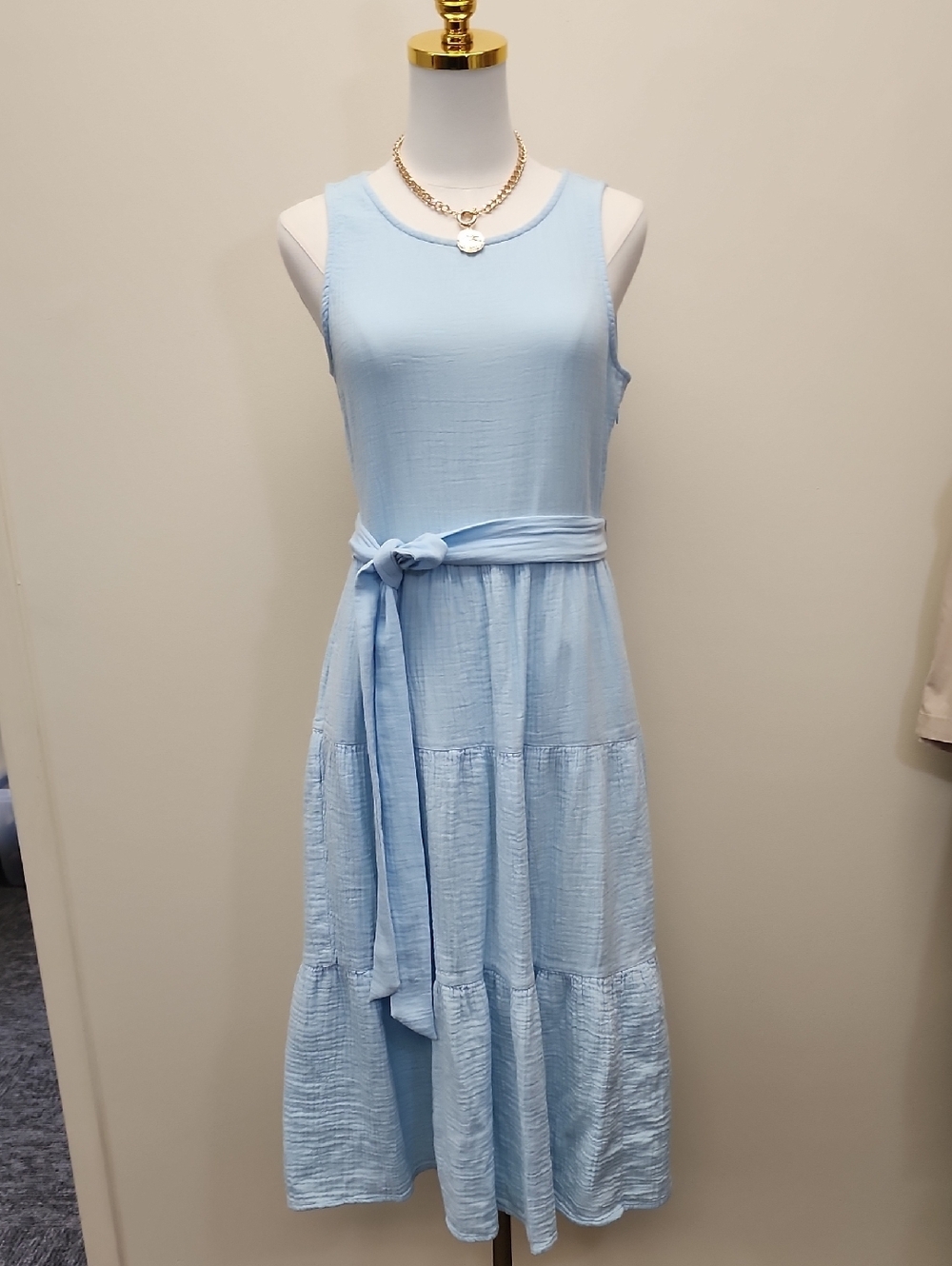 Light Blue Sleeveless Tiered Midi Dress with Waist Tie